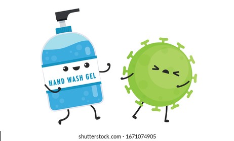 Hand wash gel vector. Hand wash gel character design. Hand wash gel and Bacteria vector.