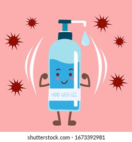 Hand wash gel vector. Hand wash gel character design. Hand wash gel and Bacteria vector.