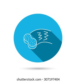 Hand wash icon. Cleaning sponge sign. Blue flat circle button with shadow. Vector