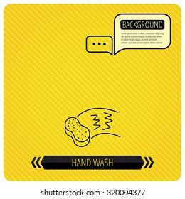 Hand wash icon. Cleaning sponge sign. Chat speech bubbles. Orange line background. Vector