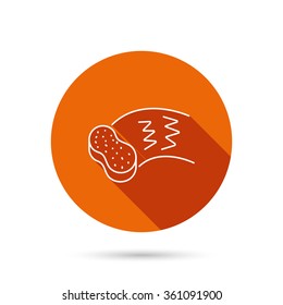 Hand wash icon. Cleaning sponge sign. Round orange web button with shadow.