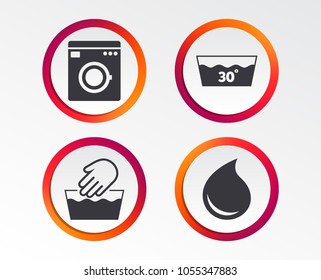 Hand Wash Icon. Machine Washable At 30 Degrees Symbols. Laundry Washhouse And Water Drop Signs. Infographic Design Buttons. Circle Templates. Vector