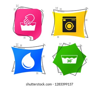 Hand wash icon. Machine washable at 30 degrees symbols. Laundry washhouse and water drop signs. Geometric colorful tags. Banners with flat icons. Trendy design. Vector
