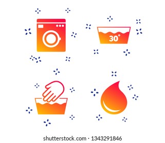 Hand wash icon. Machine washable at 30 degrees symbols. Laundry washhouse and water drop signs. Random dynamic shapes. Gradient wash icon. Vector