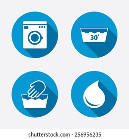 Hand wash icon. Machine washable at 30 degrees symbols. Laundry washhouse and water drop signs. Circle concept web buttons. Vector