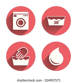 Hand wash icon. Machine washable at 30 degrees symbols. Laundry washhouse and water drop signs. Pink circles flat buttons with shadow. Vector