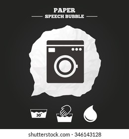 Hand wash icon. Machine washable at 30 degrees symbols. Laundry washhouse and water drop signs. Paper speech bubble with icon.