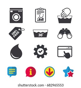 Hand wash icon. Machine washable at 30 degrees symbols. Laundry washhouse and water drop signs. Browser window, Report and Service signs. Binoculars, Information and Download icons. Stars and Chat