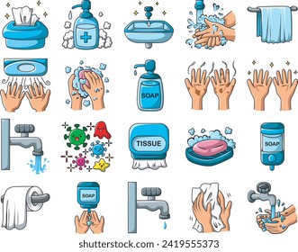 Los íconos de lavado de manos para la educación incluyen agua, fregadero, mano, etc.