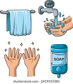 Hand wash icons for education include water, sink, hand, etc. Hygiene signs color thin line icon set. Hand washing steps clip art. Bathroom equipment flat icon. Hand cleansing disinfection elements.