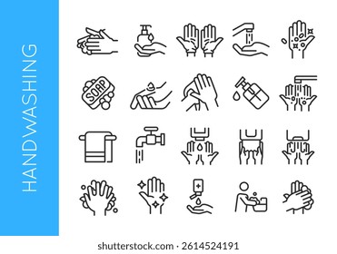 Hand wash icons. Set of 20 hygiene-themed trendy minimal icons. Example: Soap, Hand Washing, Paper towel, Bathtub icon. Design signs for web page, mobile app, packaging design. Vector illustration