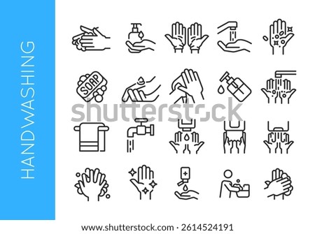 Hand wash icons. Set of 20 hygiene-themed trendy minimal icons. Example: Soap, Hand Washing, Paper towel, Bathtub icon. Design signs for web page, mobile app, packaging design. Vector illustration