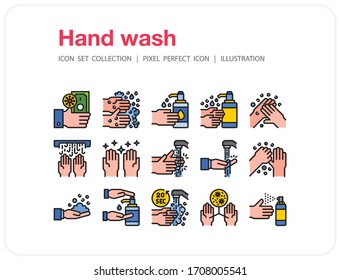 Handwaschsymbole gesetzt, Pixel perfekt Symbol, Set von Symbolen für Web und Mobile