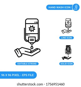 Handwaschsymbole setzen Vektorgrafik mit soliden Icon Linie Stil. Hygiene Anti-Virus-Flasche Konzept. Bearbeitbares Strichsymbol auf isoliertem Hintergrund für Web-Design, Infografik und UI Mobile App.