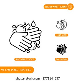 Hand wash icons set vector illustration with solid icon line style. Germ disinfection concept. Editable stroke icon on isolated background for web design, infographic and UI mobile app.