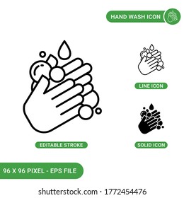 Hand wash icons set vector illustration with solid icon line style. Antivirus disinfection concept. Editable stroke icon on isolated background for web design, infographic and UI mobile app.
