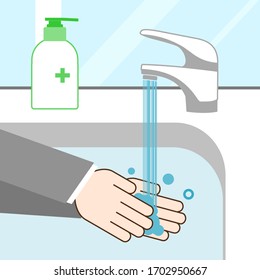 Hand wash Illustration. Sanitation cleaning procedure steps. Sink water tap with liquid soap bottle. Disinfection virus. Flat colour vector art.