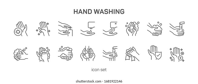 	
Hand wash. Included icons as wash, tissue paper, cleaning, hand dryer, soap. icon set