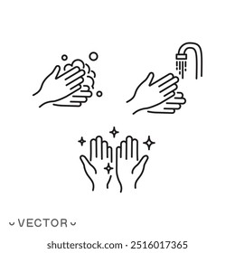 Hand wash infographic icon, hygiene or clean concept, step cleaning process, Instruction, thin line symbol isolated on white background, editable stroke eps 10 vector illustration