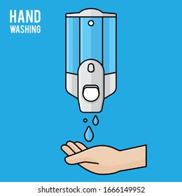 Hand wash. Hand sanitizer. Alcohol-based hand rub. Rubbing alcohol. Wall mounted soap dispenser. Wall hanging hand wash container. Protection from germs such as coronavirus (Covid-19) icon design