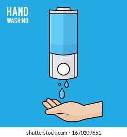 Hand wash. Hand sanitizer. Alcohol-based hand rub. Rubbing alcohol. Wall mounted soap dispenser. Wall hanging hand wash container. Protection from germs such as coronavirus (Covid-19) icon design