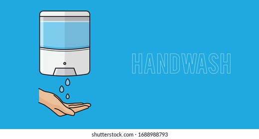 Hand wash. Hand sanitizer. Alcohol-based hand rub. Rubbing alcohol. Wall mounted soap dispenser. Wall hanging hand wash container. Banner flat design illustration.