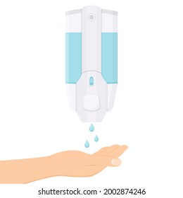 Hand wash. Hand sanitizer. Alcohol-based hand rub. Rubbing alcohol. Wall mounted soap dispenser. Wall hanging hand wash container. Protection from germs such as coronavirus, Covid-19 , icon flat desig