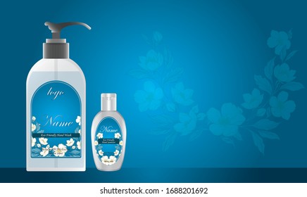 Hand wash and sanitizer bottle.  Bottle with label design for your product. Plastic bottle with label ready for mock up. vector