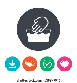 Hand wash sign icon. Not machine washable symbol. Download arrow, handshake, tick and heart. Flat circle buttons.