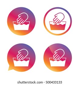 Hand wash sign icon. Not machine washable symbol. Gradient buttons with flat icon. Speech bubble sign. Vector