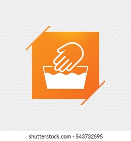 Hand wash sign icon. Not machine washable symbol. Orange square label on pattern. Vector
