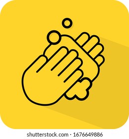 Hand wash sign. Standard procedure. Safety cleaning disinfectant germs. Flat 3D shadow design. yellow background black vector. product brand service label banner board display. App icon. 