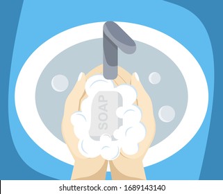 Hand wash. Soap in hands. Foam, sink, clean, care. Vector illustration in flat style.