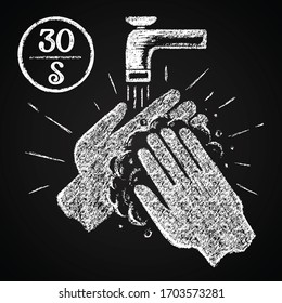  Hand wash under the tap with a 30 seconds icon.COVID-2019 pandemic protection. Illustration hand-drawn in chalk on a blackboard.