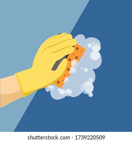 Hand wash wall. Cleaning up. House and office cleaning service. Icon template with hand and sponge for professional cleaners help for the housekeeping. Vector flat illustration