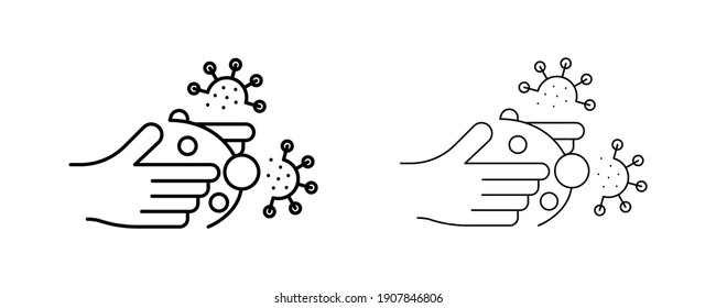 Icono de advertencia de lavado de manos. Incluye iconos de coronavirus. Arte de línea simple, conjunto de iconos de línea de Iconos vectoriales de protección de coronavirus. Iconos antivirus. Stroke editable.