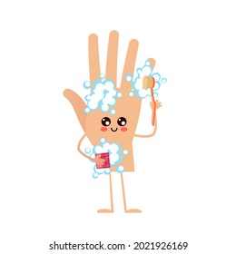 Hand washes arm. Human body part cleaning itself with soap foam and brush. Hygiene mascot. Isolated character with cute face and limbs. Health care or illness prevention. Vector concept