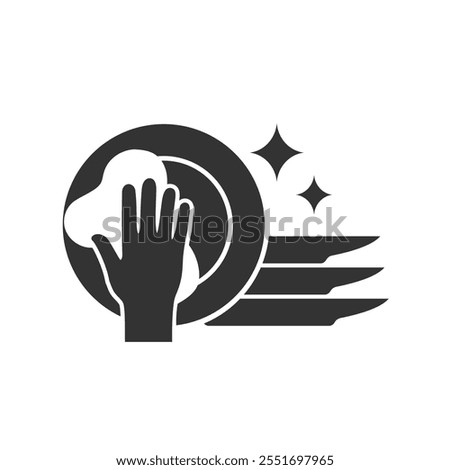Hand washes plates sign. Clean plates dishes icon. Simple vector illustration