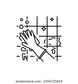 A hand washes a tile black line icon. Pictogram for web page, mobile app, promo.
