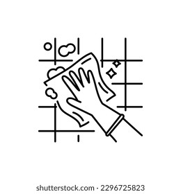 A hand washes a tile black line icon. Pictogram for web page, mobile app, promo.