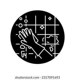 A hand washes a tile black line icon. Pictogram for web page, mobile app, promo.