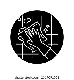 A hand washes a tile black line icon. Pictogram for web page, mobile app, promo.