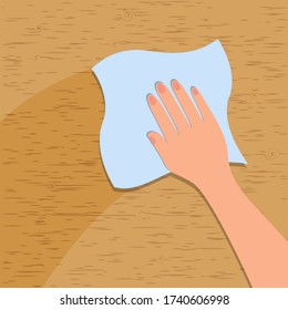 Hand washes a wooden surface from dust. Vector illustration, flat cartoon design, eps 10.