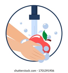Vector de manzana lavadora manual aislado. Lava frutas y verduras antes de comer el concepto. Consejos de estilo de vida saludable. Limpia manzana roja en agua y jabón.