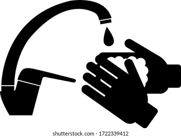 Hand washing, black silhouette. Hands under the water tap. Vector illustration. Personal hygiene. Disinfection, skin care. COVID-19 virus. Prevention of coronavirus.