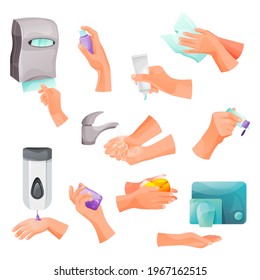 Hand washing and hand care set, vector icons