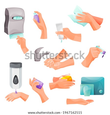 Hand washing and hand care set, vector icons