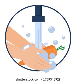 Hand washing carrot vector isolated. Wash fruits and vegetables before eating concept. Healthy lifestyle tips. Clean vegetable in water and soap.