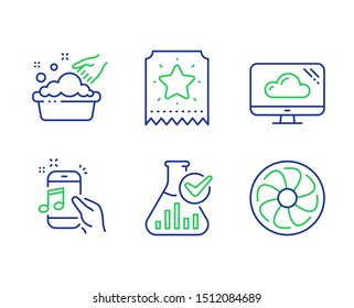 Hand washing, Chemistry lab and Music phone line icons set. Loyalty ticket, Cloud storage and Fan engine signs. Laundry basin, Laboratory flask, Radio sound. Bonus star. Business set. Vector