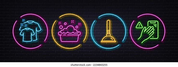 Hand washing, Clean t-shirt and Plunger minimal line icons. Neon laser 3d lights. Dont touch icons. For web, application, printing. Laundry basin, Laundry shirt, Clogged pipes cleaner. Vector